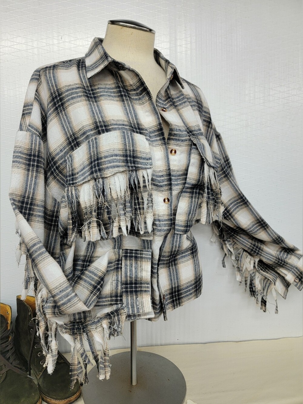 Journey 'Arrival Tour' Plaid Fringe Flannel Shirt  Jacket Shacket - Upcycled - Picture 2 of 9